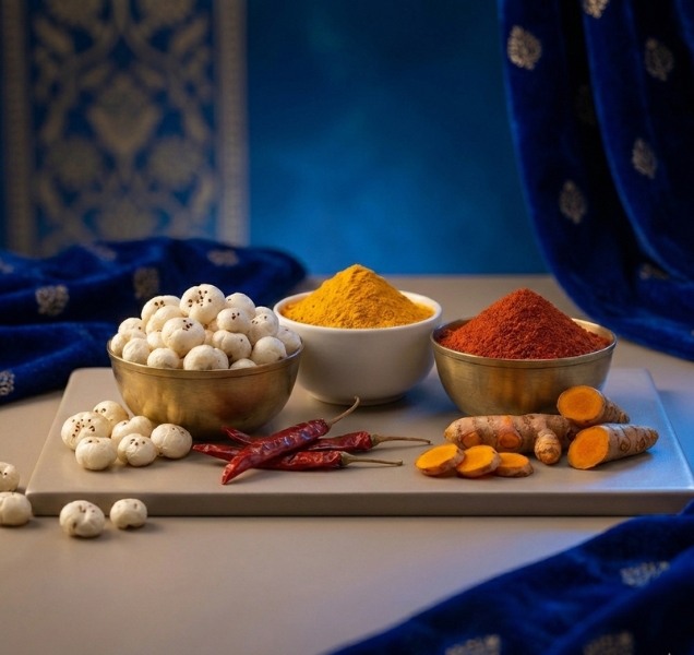 Premium Indian spices including makhana, turmeric powder, and red chilli powder for bulk export